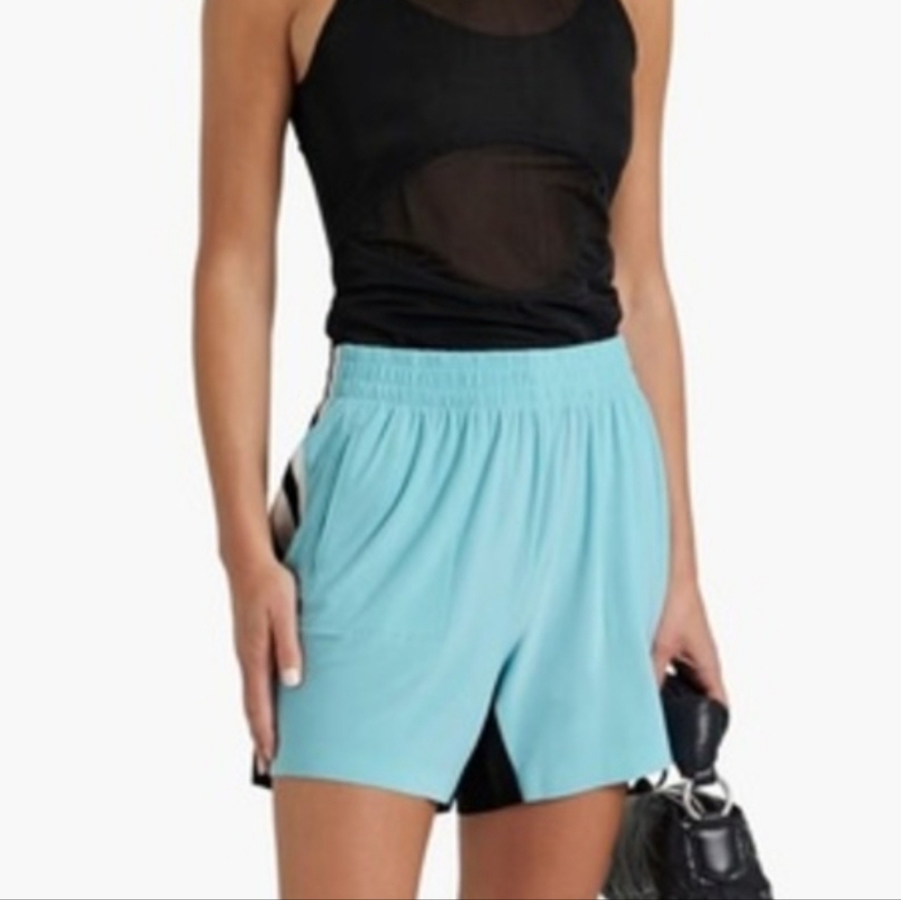 NWT Norma Kamali Side Stripe Boyfriend Sweatshort Powder Blue Ladies Med